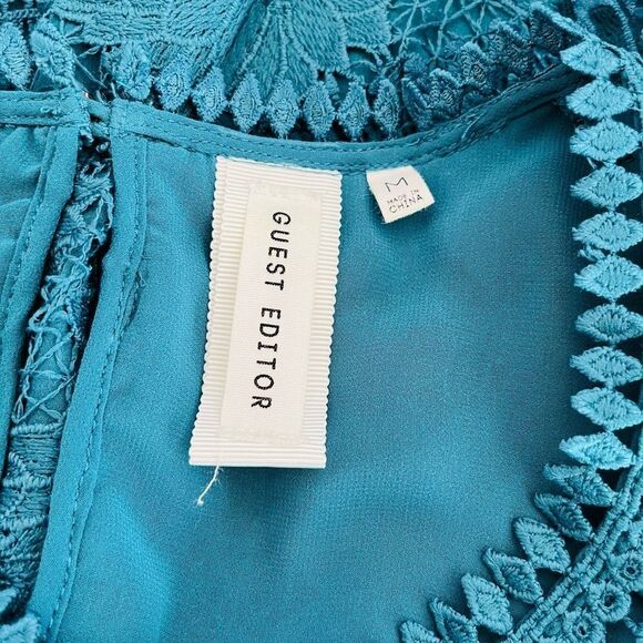 Anthropologie Guest Editor Teal lace ruffle sleeve, 100% polyester, lined, sz M - Picture 7 of 7